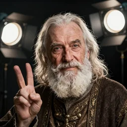 portrait of an old, medieval alchemist in the dark. close up, v - sign, studio lighting bright ambient lighting key light, fantasy, detailed, photorealistic portrait by michael komarck, greg rutkowski, victo ngai, artgerm and j. dickenson