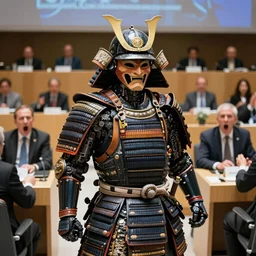a traditionally dressed godlike masked and helmeted cyborg samurai , UN meeting at The Hague , members yelling and screaming animatedly, commotion , Photo realistic , Gregory Crewdson , Award winning. Masterpiece, exquisite detail, post processing