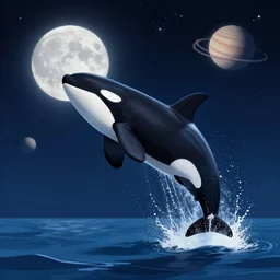orca killer whale jumping over the moon. space, stars, planets. Ocean life, marine life. Trending on artstation