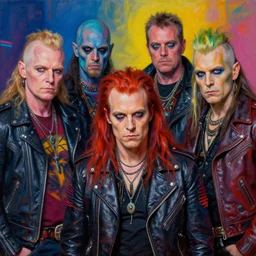 apocalyptic scifi orcish biker characters posing together in a professional band photo, psychedelic vibrant colors, futuristic punk rock fashion, oil painting by michael whelan art, perfect faces, sharp focus, detailed eyes, realistic, leather jackets, 8 k