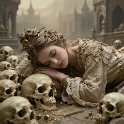 cinestill 5 0 d wide portrait of a dreamy woman by liebovitz, sleeping on skulls, ancient misty castle environment, pale gold tonal matt, hair intricate style, wearing intricate ancient lace, elegant, highly detailed, soft blur, artstation, sharp focus, head in focus,