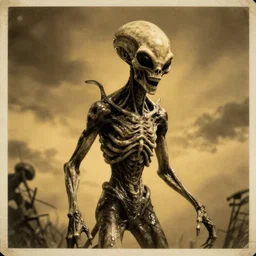 alien looking, skull like, big forehead, horrifying, killer, creepy, dead, monster, tall, skinny, open mouth, deathly, old photo, turning yellow