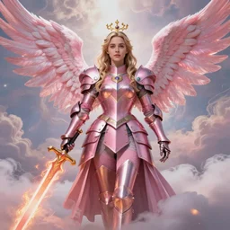 gorgeous!! hyper - realistic woman resembling emilia clarke as a princess wearing ornate pink knight armor, angel wings, angemon, disney princess l holding a fiery long sword | divine, elegant, ethereal, heavenly, clouds, holy, fantasy | illustration, intricate, high detail, ultra graphics, digital painting | drawn by wlop, drawn by jeehyung lee, drawn by artgerm