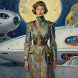 stylish painting of future model in 2050 climate refugee outfit dress in the style of JC Leyendecker