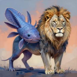 painting of hybrid between axolotl!!! & lion, intercrossed animal, mixture animal, by tiffany bozic, by zdzislaw beksinski, cold hue's, warm tone gradient background, concept art, beautiful composition, digital painting,