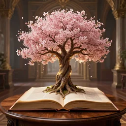 tree of life growing out of a book, on a wooden table, inside a palace, sakura flowers on the book, rim light, extremely detailed, masterpiece, artstation, cinematic lighting, photographic, by greg rutkowski and alphonse mucha, wolp, horizon zero dawn