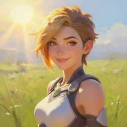 beautiful oil painting of tracer from the game overwatch, standing alone in grassy field, smiling while the sun shines down, feminine face, light rays, radiant quality, 4 k, brush strokes, anatomically accurate face, beautiful eyes, peaceful atmosphere, artstation, detailed face, smiling,