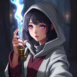 young sorceress lain iwakura dressed in wizard robes, by kuvshinov, by ross tran, portait, dslr, nikon, selfie