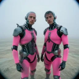 cinestill hasselblad 8 mm, f 1. 2, extreme fisheye on ground level, extreme motion blur, candid photographic portrait by robert capas of 2 cyborgs wearing rugged neon pink mesh techwear in treacherous fog, burning man nevada, modern cyberpunk moody depressing cinematic, pouring rain, ultra realistic faces, ex machina
