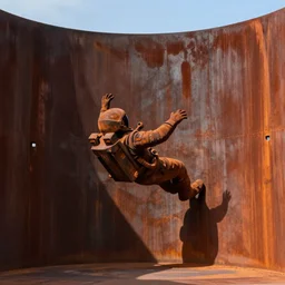 a beautiful rust sculpture by christophe charbonnel of a cosmonaut falling into the abyss