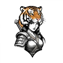 tattoo design on white background of a beautiful girl warrior, tiger head above, hyper realistic, realism tattoo, by eliot kohek, beautiful eyes, realistic face, black and white