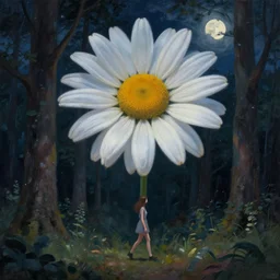giant daisy flower on head, girl walking in forest, big trees, surreal photography, dark night, stars, moon light, impressionist painting, clouds, digital painting, artstation, simon stalenhag