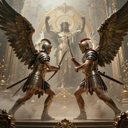 Gladiators fighting angels of God, high detail, 8k, ornate, masterpiece, complex, haze, film still from the movie directed by Denis Villeneuve with art direction by Pablo Picasso and Greg rutkowski, Alex Gray, wide angle