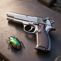 hyper realistic 3 d render of a magnum pistol on a table, iridescent beetle, lens flare, vray