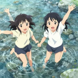 anime visual of two sisters playing in a crystal clear riverbed, cute anime face by ilya kuvshinov, anime by makoto shinkai, anime by kyoani, anime by masakazu katsura, art by gelbooru, art by danbooru, dynamic pose, crisp and sharp visual, yoshinari yoh, rounded eyes, anime poster