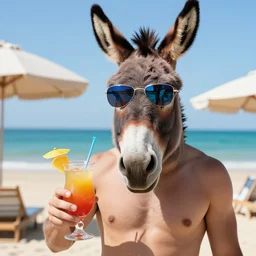 a man with a donkey head wearing cool sunglasses is holding a coctail at the beach, 8k, hyper-detailed, photorealistic