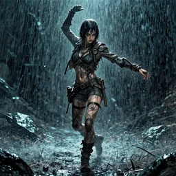 Wasteland survivor girl dancing in the acid rain, dramatic lighting, cinematic, establishing shot, extremely high detail, foto realistic, cinematic lighting, pen and ink, intricate line drawings, by Yoshitaka Amano, Ruan Jia, Kentaro Miura, Artgerm, post processed, concept art, artstation,