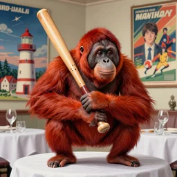 rendering of red orangutan holding baseball bat as lighthouse, town background, white tablecloth, glass tableware, sport poster artwork by michael whelan and tomer hanuka, high contrast, full of details, by makoto shinkai and thomas kinkade, matte painting, trending on artstation and unreal engine