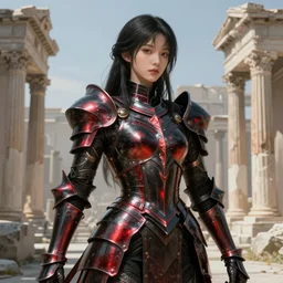 portrait knights of Zodiac girl, metallic black and reddish reflected armor, in ruined Agora of Athens, ssci-fi, fantasy, intricate, very very beautiful, elegant, highly detailed, digital painting, artstation, concept art, smooth, sharp focus, illustration, art by tian zi and WLOP and alphonse mucha