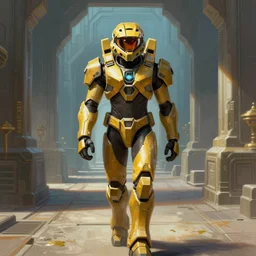 character portrait of samus aran from metroid wearing combination halo armor and varia suit walking through an ancient temple hallway, 8 k, realistic shading, symmetrical face details, digital painting, matte painting, concept art, illustration, halo infinite, good value control, vibrant colors, john singer sargent