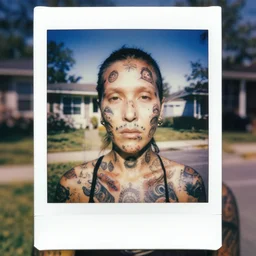 detailed color analog medium format photo made by harmony korine, polaroid photo of person with body modifications and facetatoos in american suburbs, high production value, intricate details, 8 k resolution, hyperrealistic, hdr, photorealistic, high definition, tehnicolor, award - winning photography, masterpiece, amazing colors,