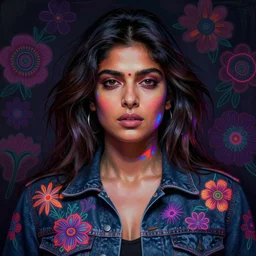 portrait of priyanka chopra, hyper detailed masterpiece, neon floral pattern, jean giraud, digital art painting, darkwave goth aesthetic, psychedelic, artgerm, donato giancola and tom bagshaw