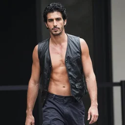 photo of fabio lanzoni with black hair and a five o clock shadow wearing a black black leather vest, shirtless, dark cargo pants 9 9 9 9 9 9 9 9 9