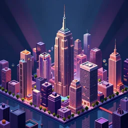 New York City, in a isometric pixel art style, synth wave color palette,
