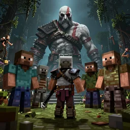 god of war remake minecraft horror realistic characters, Moebius, Greg Rutkowski, Zabrocki, Karlkka, Jayison Devadas, Phuoc Quan, trending on Artstation, 8K, ultra wide angle, zenith view, pincushion lens effect