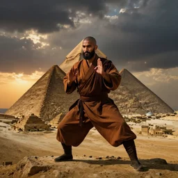 a close portrait of a charismatic egyptian / arabic style kung fu - monk on top of a pyramid overlooking the ancient monumental egyptian city, heavy clouds and setting sun, cinematic dark mood, masterpiece by anders zorn