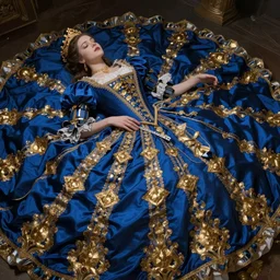Elegant Mecha laydy in blue victorian dress with gold ornaments. By Konstantin Razumov, highly detailded