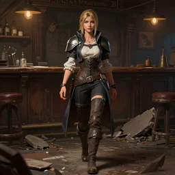 full body character portrait of a female lavellan from dragon age walking through a destroyed dive bar wearing inquisitor clothes, with a realistically proportioned face, realistically rendered face, enhance face, 3 d model, headsculpt, illustration, digital painting, realistic lighting, photorealistic eyes, good value control, realistic shading, substance painter, painted texture maps
