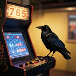a raven on the side of an arcade cabinet 1 9 8 5 - h 7 6 8