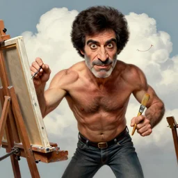 zdzisław beksinski digital art of bob ross next to an easel, intense expression, huge muscles, detailed facial features, upper body, lower body, happy clouds behind, action pose, holding a paintbrush in his hand, ultra - detailed, intricate, detailed shadows and textures, 8 k