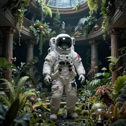 hyperrealistic surrealism, award winning masterpiece with incredible details, epic stunning, an astronaut alone inside an empty dark flooded ballroom overgrown with aquatic plants, highly detailed, trending on ArtStation