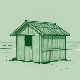 a line drawing illustration of a hut in the beach. dark green lines and muted green paper. graphic design. vector style. hq. detailed. muted colors.