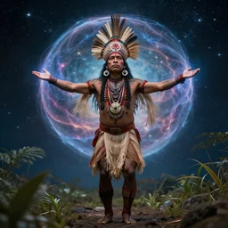 amazonian shaman entering a visionary state and traveling in his astral body to hyperspace