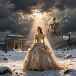 a princess, giant skeleton in distance, in front of a temple, snowy tundra, storm clouds, dramatic lighting, hudson river school