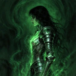 side profile, imogen poots, possessed, armor, luminescent, haunted, evil inky swirly ripples, sickly green colors, by greg manchess, huang guangjian, gil elvgren, sachin teng, greg rutkowski, jesper ejsing, ilya kuvshinov