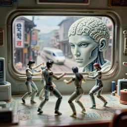 fuji gfx, wide lens ; beautiful hyperrealistic dithered film still from nepal movie of cyborg lab dance scene directed by cyborg in style of 1 9 9 0 s frontiers in miniature porcelain retrofuturism deep emboss macro design architectural art studio photography seinen manga wired devanagari brain map closeup portrait edition, real - life shinkansen window landscape view of porcelain izakaya sign, highly detailed, tilt shift background