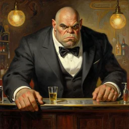 hulking jon taffer, balding, wearing suit ogre - like, huge, at a bar, painting by gaston bussiere, craig mullins, greg rutkowski, alphonse mucha