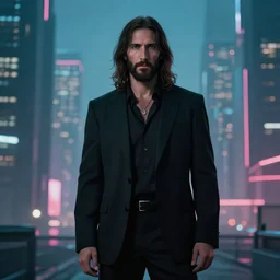 Jesus in black suit. Cyberpunk city in the background
