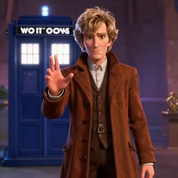weta disney pixar movie still portrait photo of peter capaldi : : as the twelfth doctor who wtith his tardis by pixar : : by weta, wlop, ilya kuvshinov, artgerm, octane render, iridescent