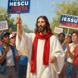 jesus christ in a robe and red scarf, campaigning for president of the united states ; slice of life ; norm rockwell painting ; 2 0 2 2 ; highly detailed