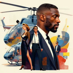 idris elba as james bond, 0 0 7, concept art, poster, spies and woman in formal wear character montage, helicopter, asymmetrical, profile picture, organic painting, sunny day, matte painting, bold shapes, hard edges, street art, trending on artstation, by huang guangjian and gil elvgren and sachin teng
