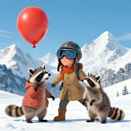adult woman with aviator helmet and googles and younger girl, winter, raccoon, red airballoon, andes mountains, moebius, jean giraud