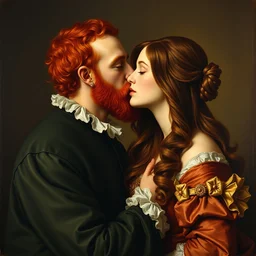 baroque portrait painting of a red bearded man kissing a beautiful woman with brown hair.