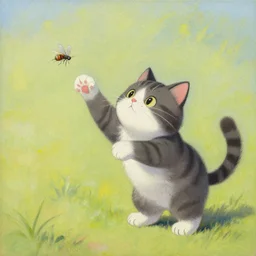 illustration of a cat catching a fly by shusei nagaoka kaws, david rudnick, airbrush on canvas, pastell colors, cell shaded