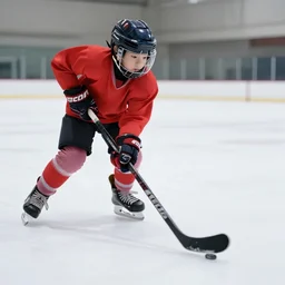 a painting of a kid playing hockey in an outdoor rink, close up, action shot