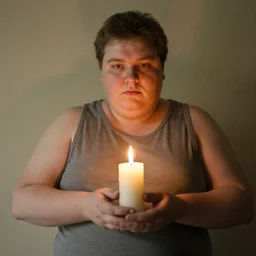 a fat man holding a candle